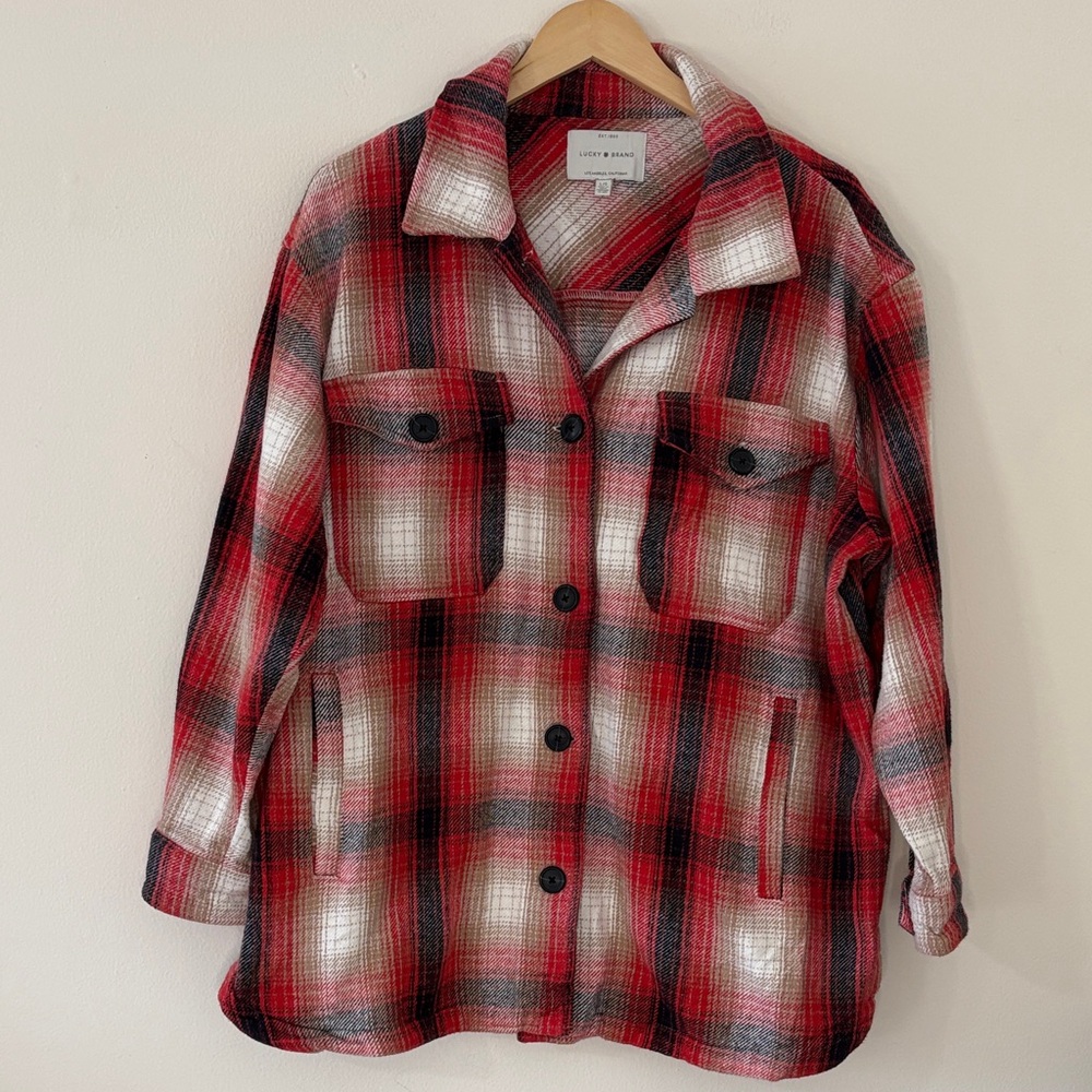 Lucky Brand Barn Coat Shacket 100% Cotton Plaid Red Oversized Preppy Grunge L